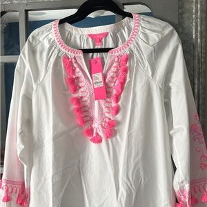 Lily Pulitzer White blouse top with Pink floral embroidery NEW